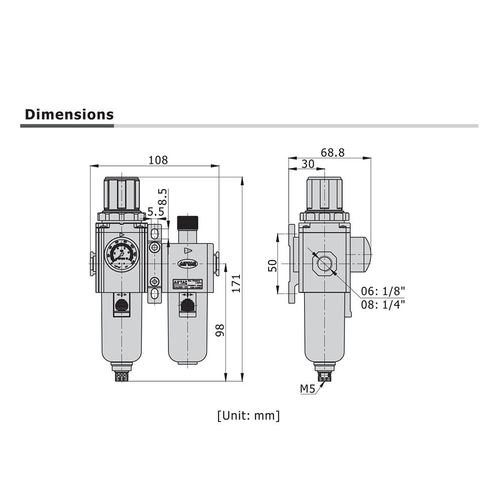 GTFC20008SNWTK AIRTAC SMALL FRL ASSEMBLY<BR>GTFC200 SERIES 1/4" NPT 20-130 PSI PART FILT, REG, LUB 5 MIC NO GA INT CHK